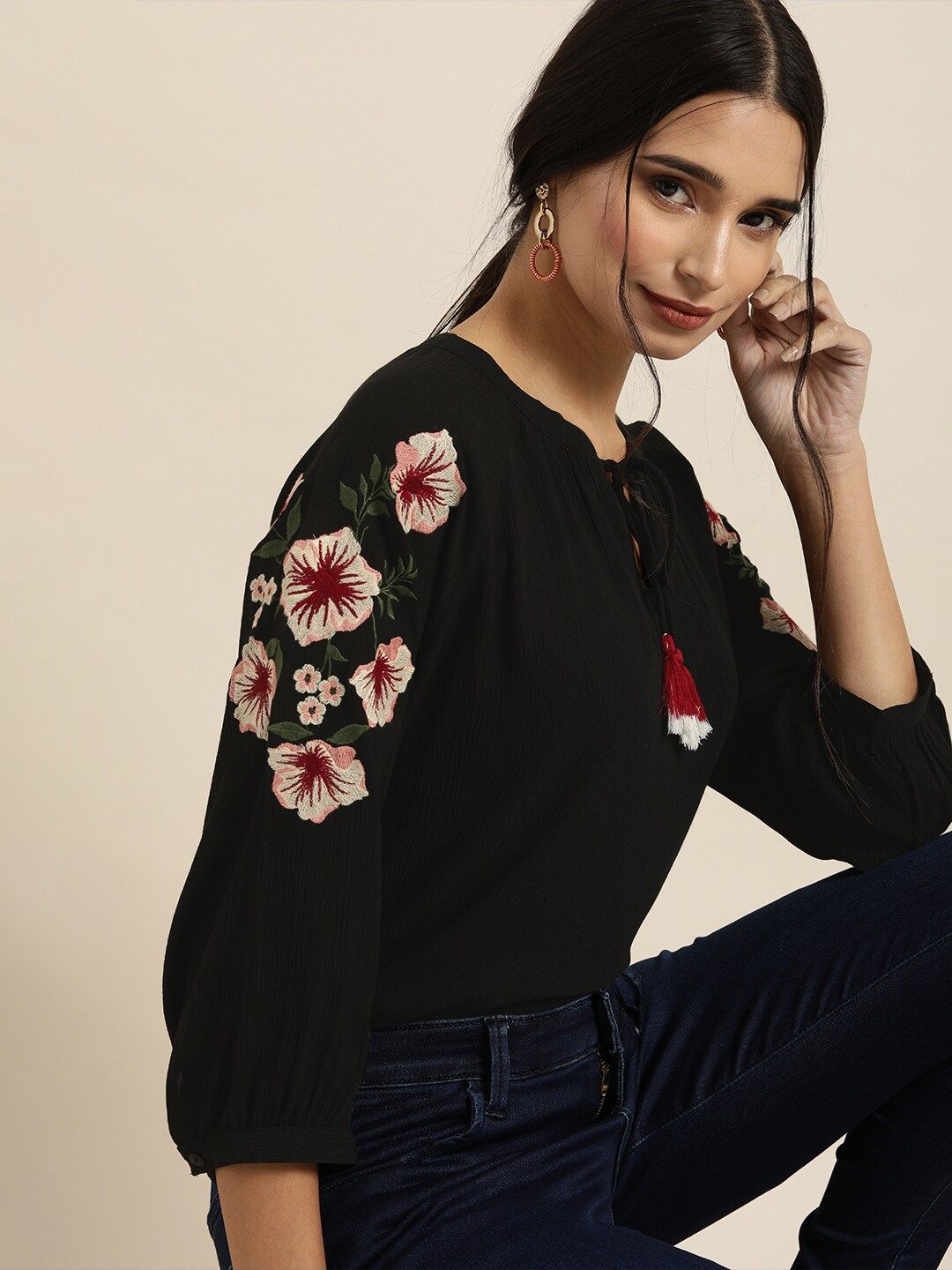 all about you Black Puff Sleeves Regular Top With Embroidery