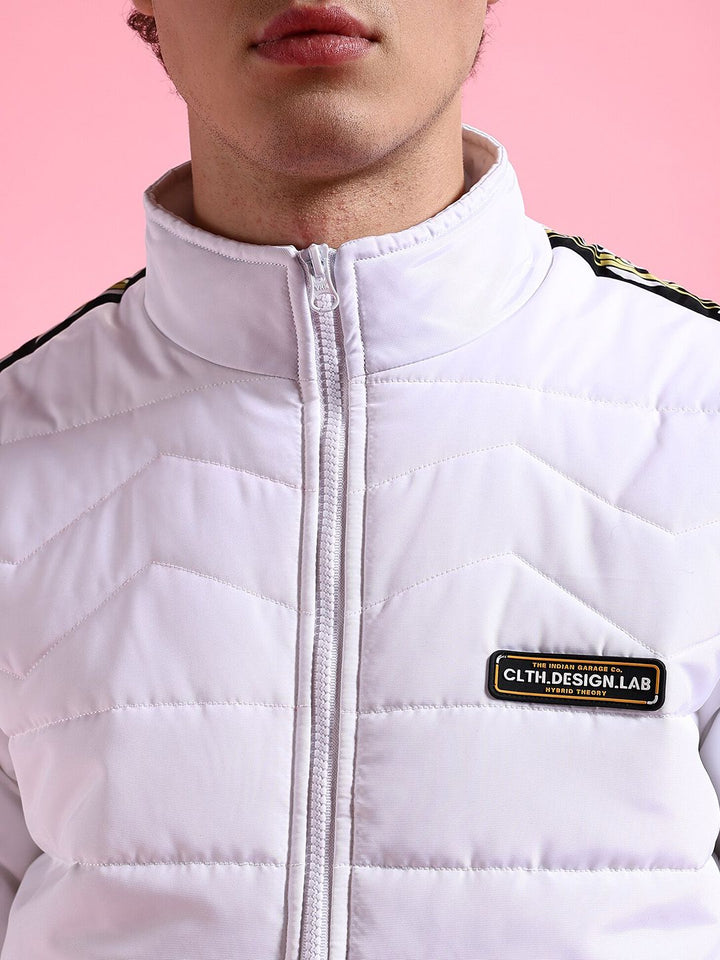 The Indian Garage Co Men White Colourblocked Longline Outdoor Sporty Jacket with Embroidered