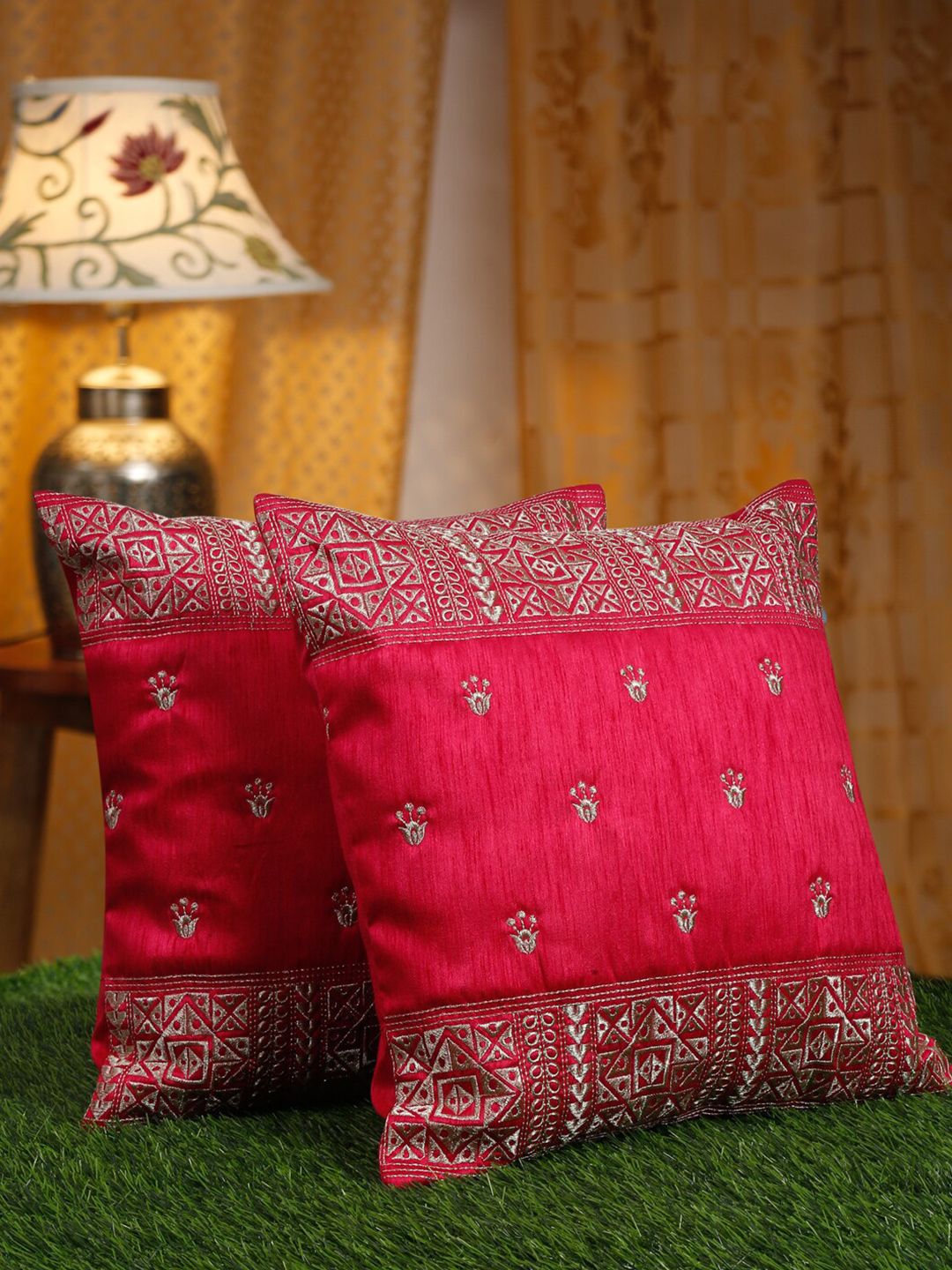 HOSTA HOMES Pink & Silver-Toned 2 Pieces Ethnic Motifs Square Cushion Covers