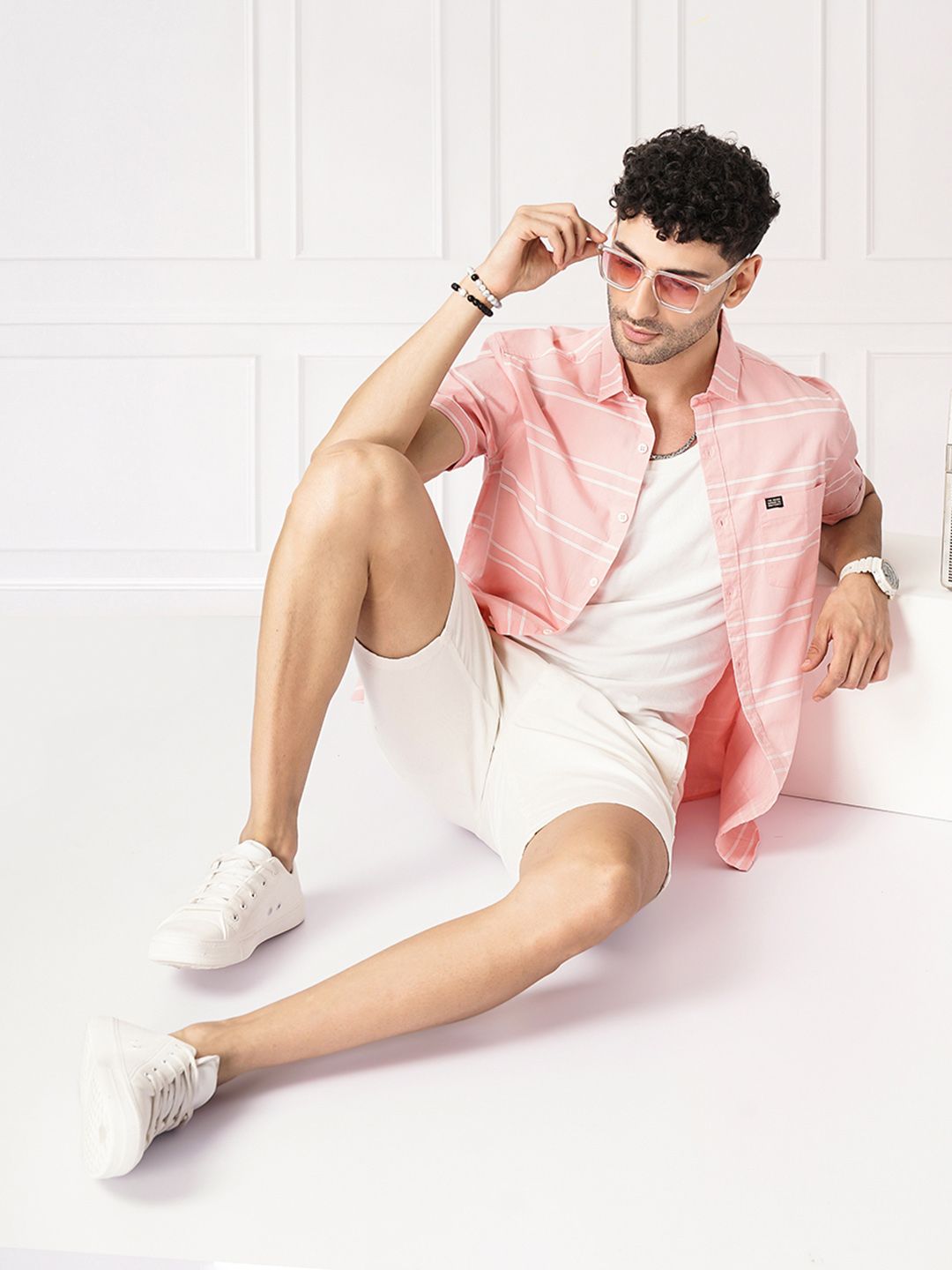 The Indian Garage Co Men Peach-Coloured & White Horizontal Striped Cotton Casual Shirt