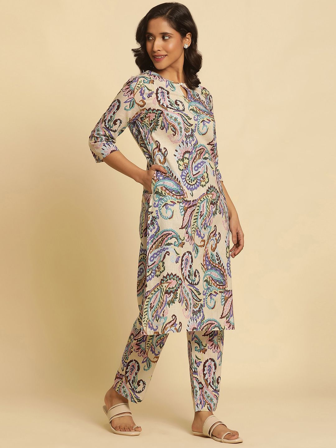W Paisley Printed Keyhole Neck Pure Cotton Straight Kurta with Trouser & Dupatta