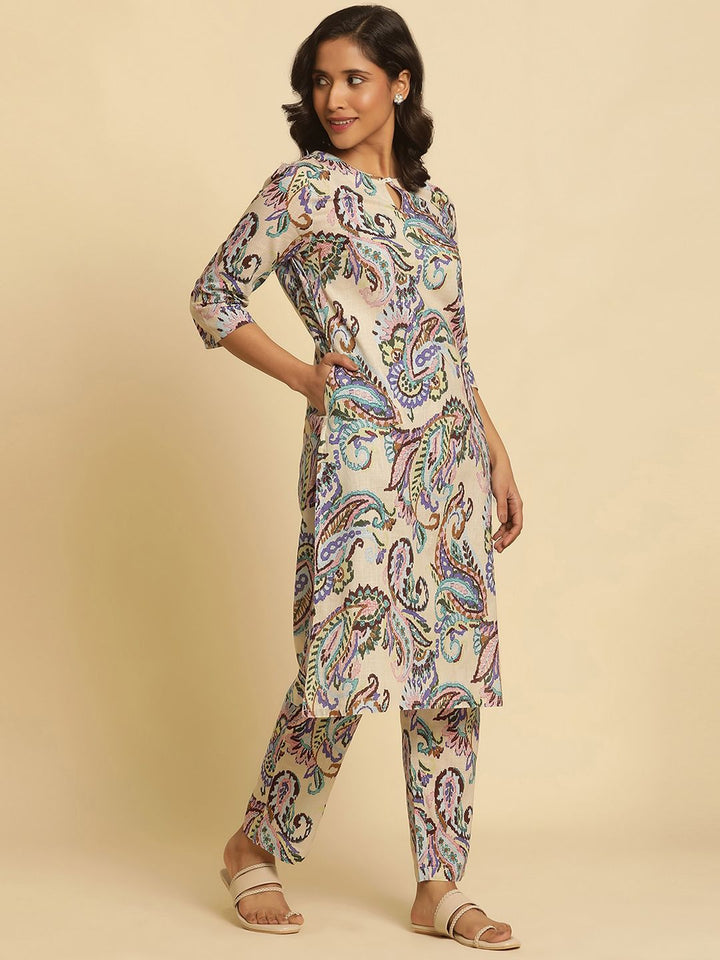 W Paisley Printed Keyhole Neck Pure Cotton Straight Kurta with Trouser & Dupatta