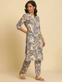 W Paisley Printed Keyhole Neck Pure Cotton Straight Kurta with Trouser & Dupatta