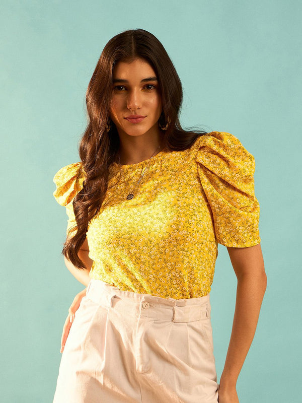 Berrylush Yellow Floral Print Puff Sleeve Top