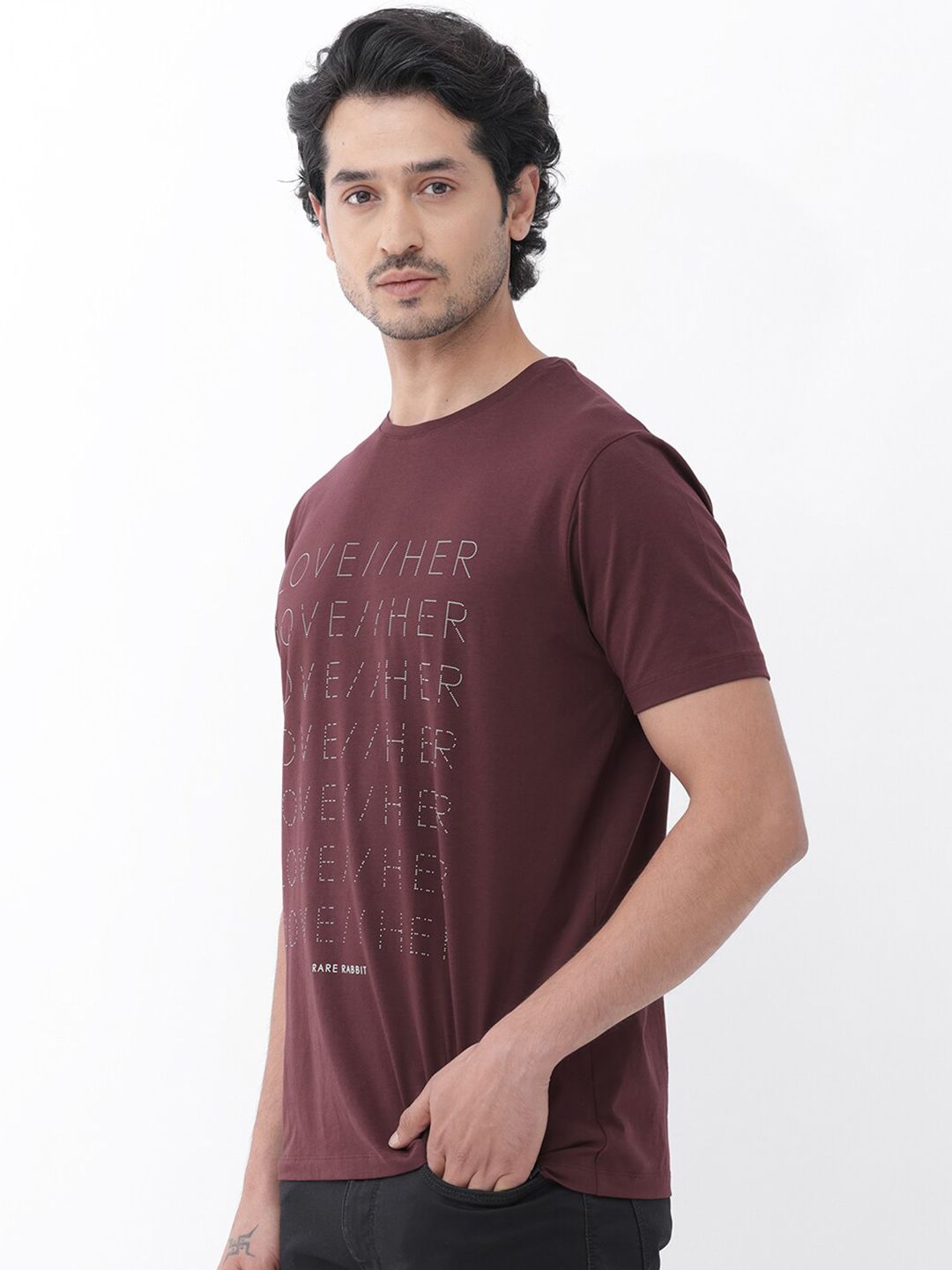 RARE RABBIT Men Love Her Skinny Fit Typography Printed Cotton T-Shirt