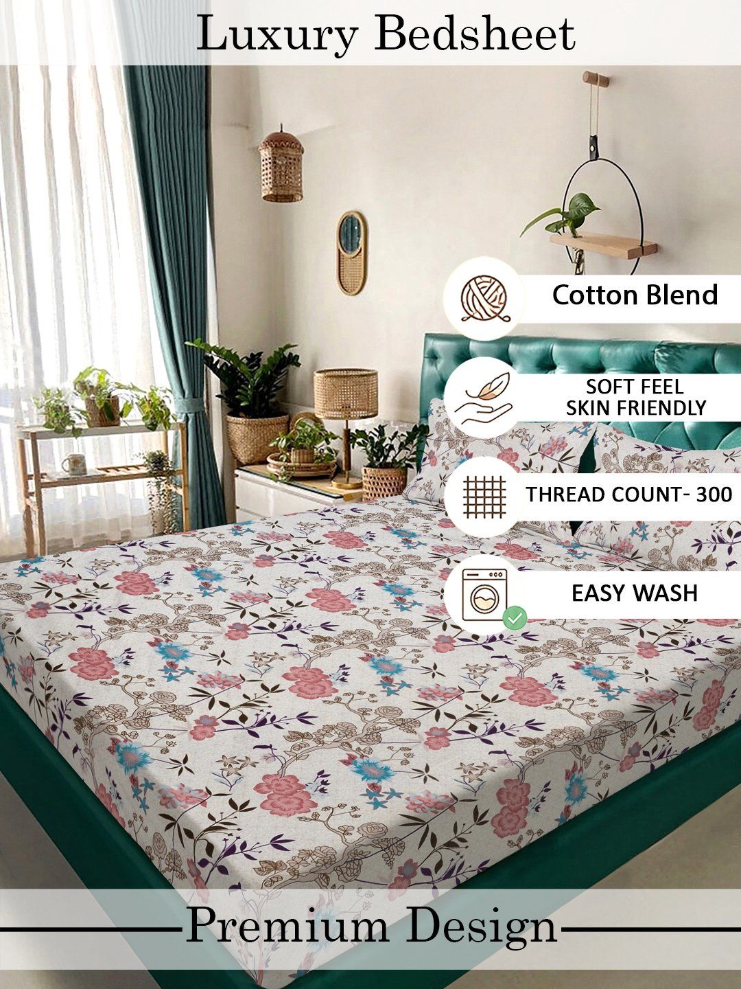 Myntra Elegant Homes White & Pink Floral 300 TC King Bedsheet with 2 Pillow Covers
