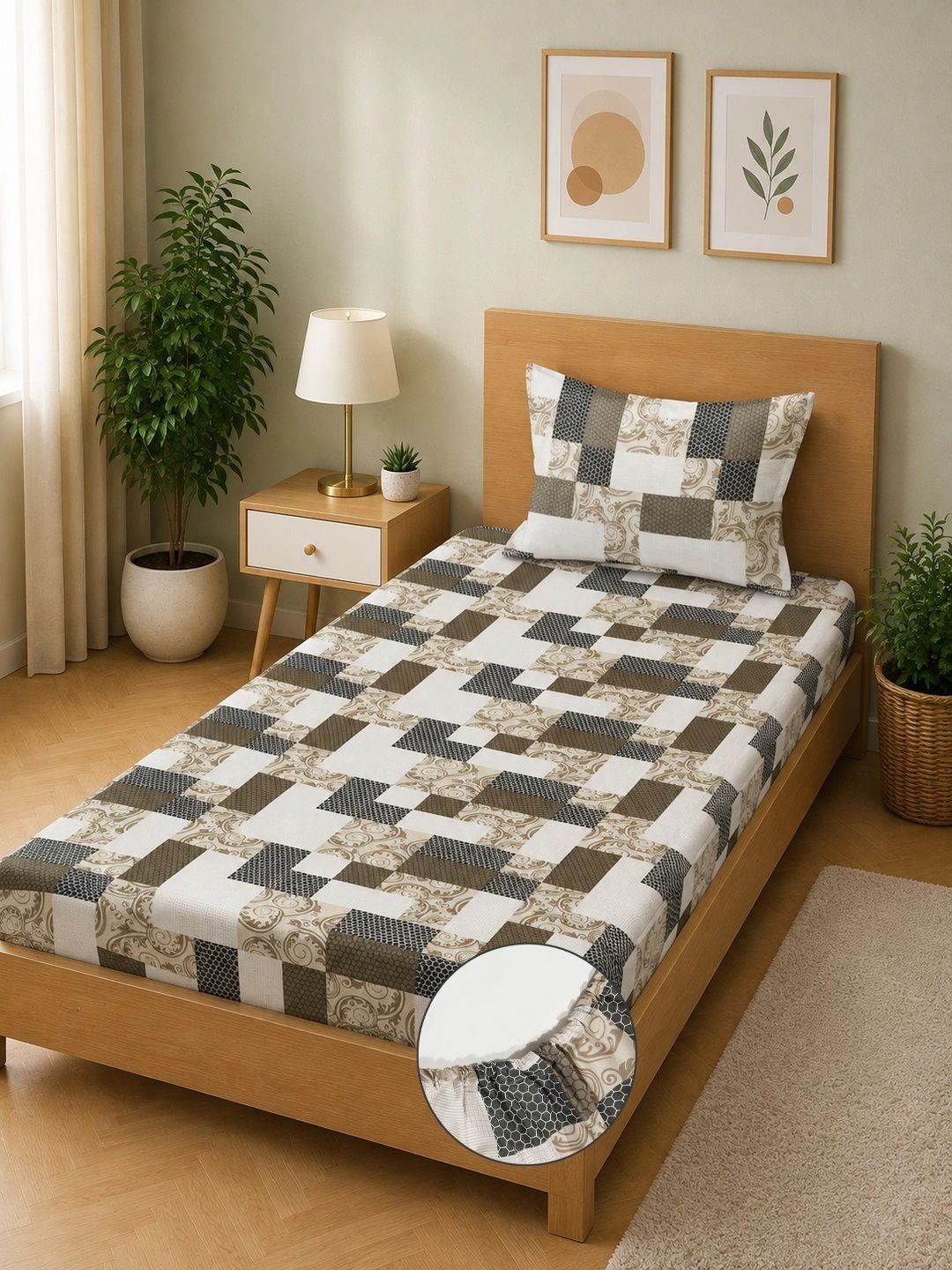 Moda Rapido X KLOTTHE Black & Brown Geometric 400 TC Single Bedsheet with 1 Pillow Covers