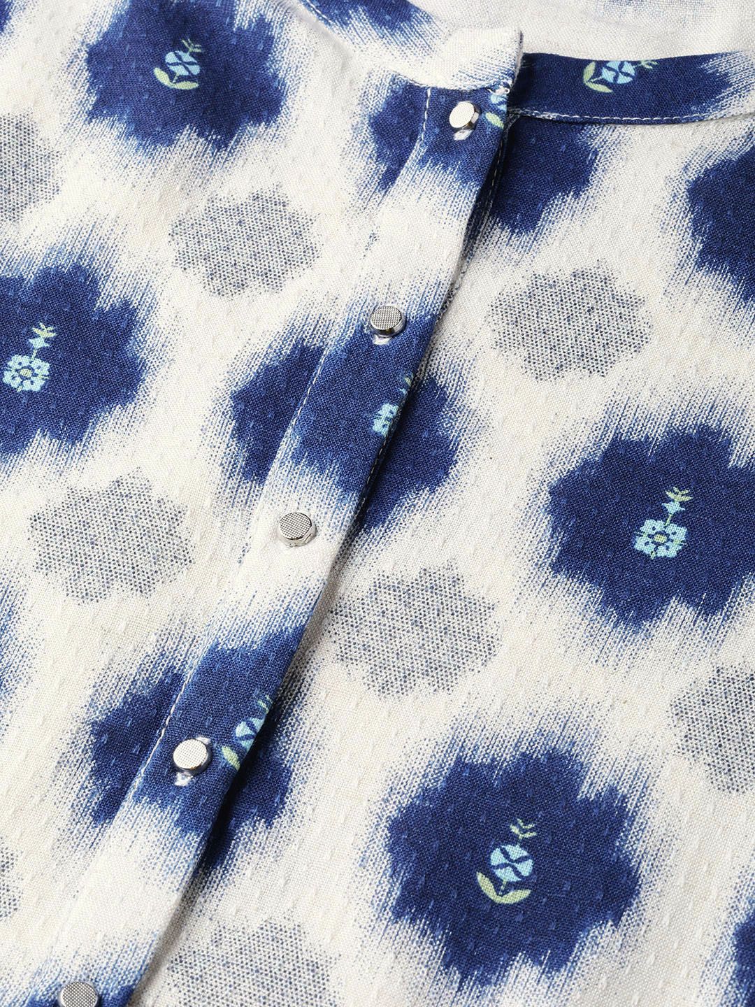 W Women Off-White & Navy Blue Printed Straight Kurta