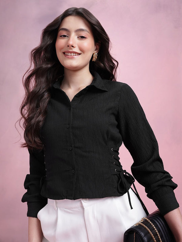 DressBerry Women Lace Ups Crinkled Shirt