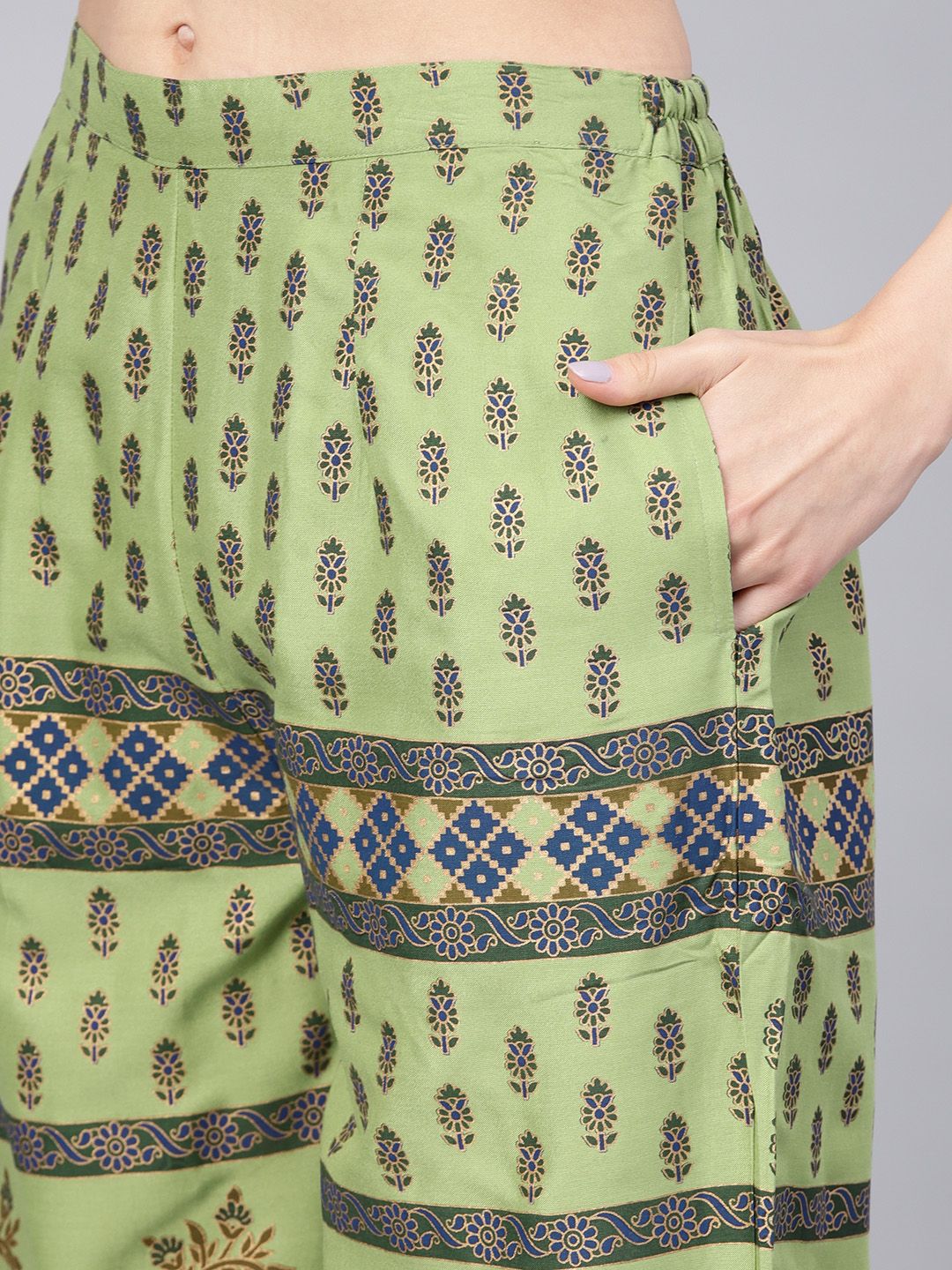 Libas Women Green & Navy Block Print Kurta with Palazzos
