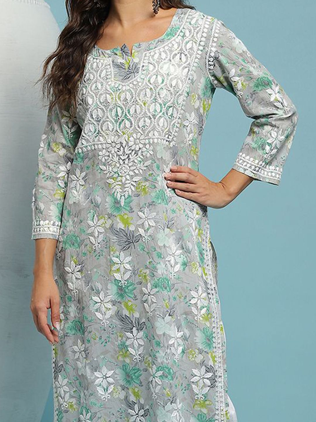 Rumah Chikankari Wanita Grey & Green Mulmul Chikankari Sulam Kurta