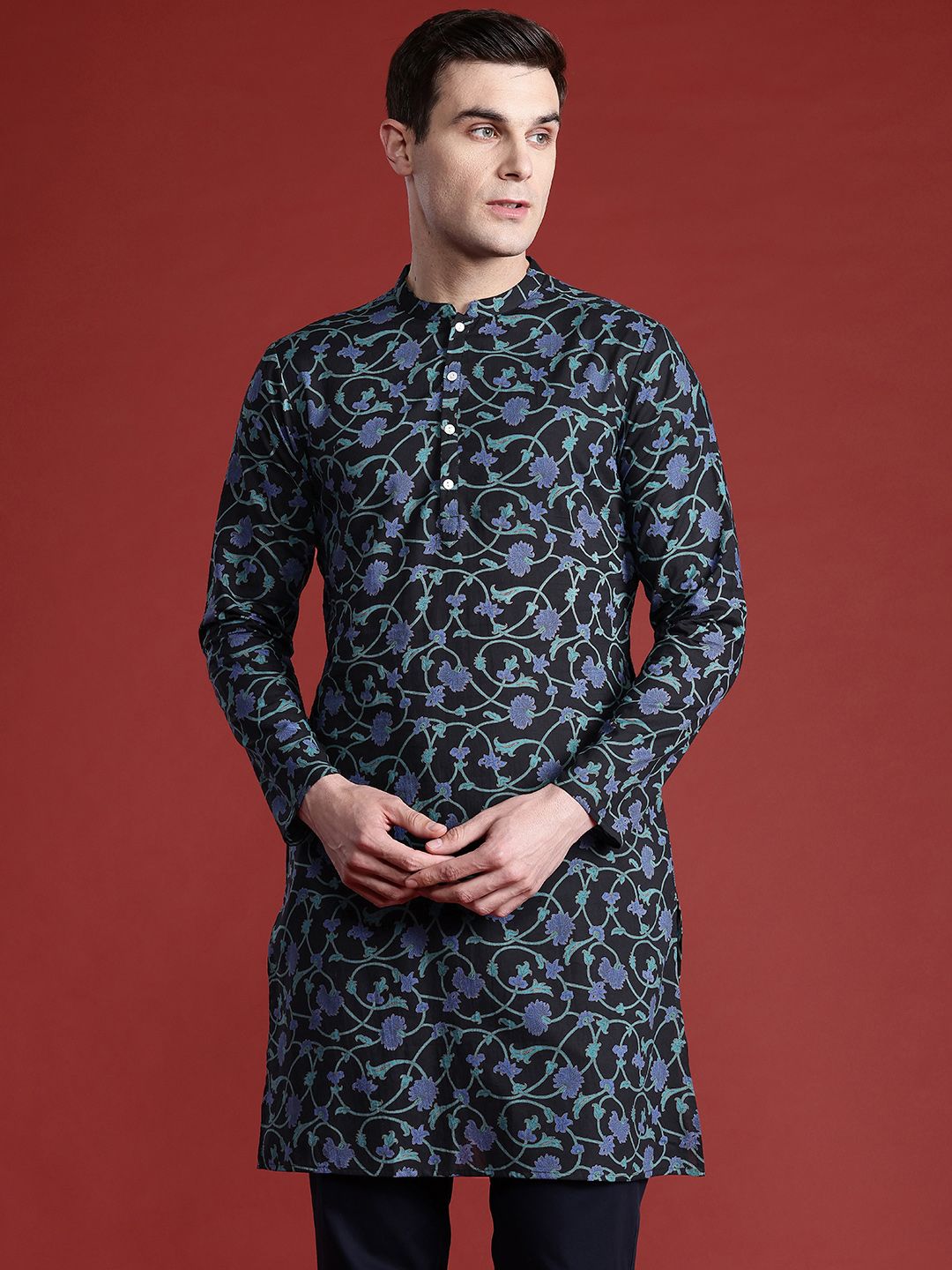Anouk Men FloralPrinted Mandarin Collar Pure Cotton Kurta