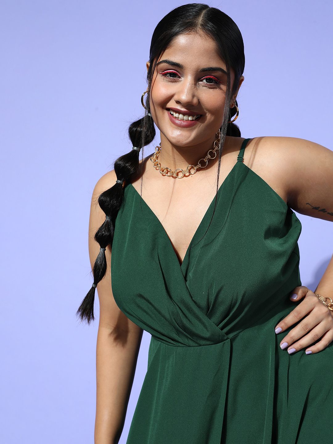 Berrylush Curve Women  Green Solid Wrap It Up Dress