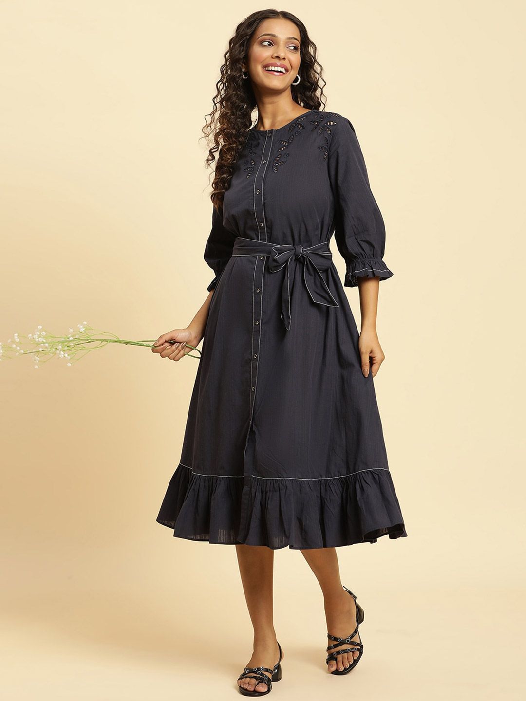 W Puff Sleeve Cotton A-Line Midi Dress