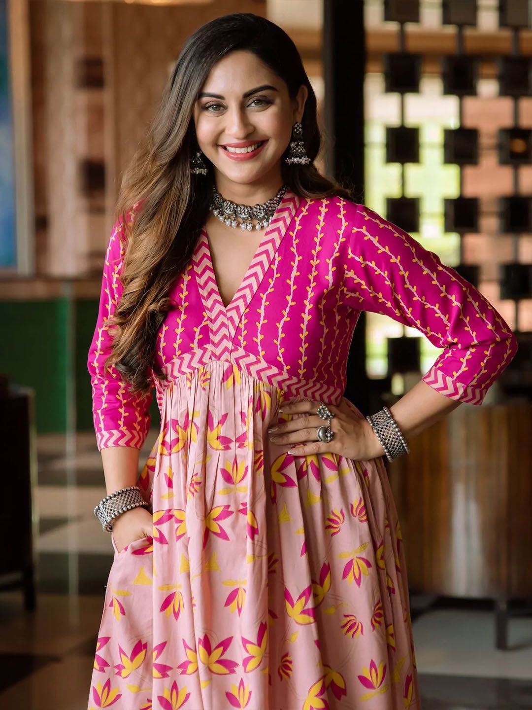 Rustorange Pink Floral A-Line Dress