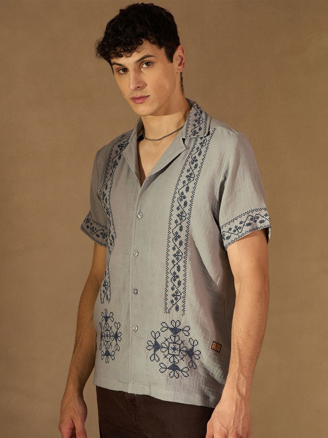 DENNISON Men Embroidered Oversized Cuban collar Short Slevees Traditional Casual Shirt