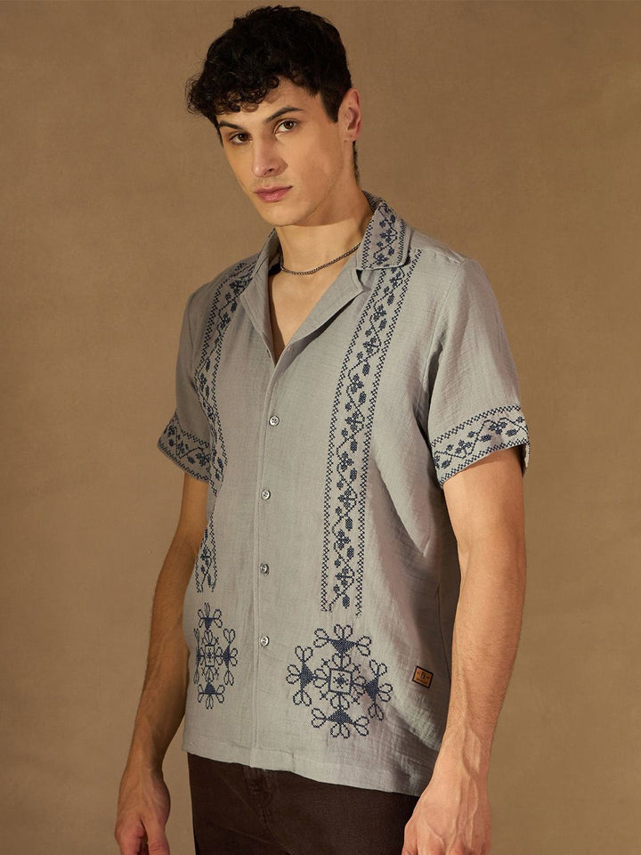DENNISON Men Embroidered Oversized Cuban collar Short Slevees Traditional Casual Shirt