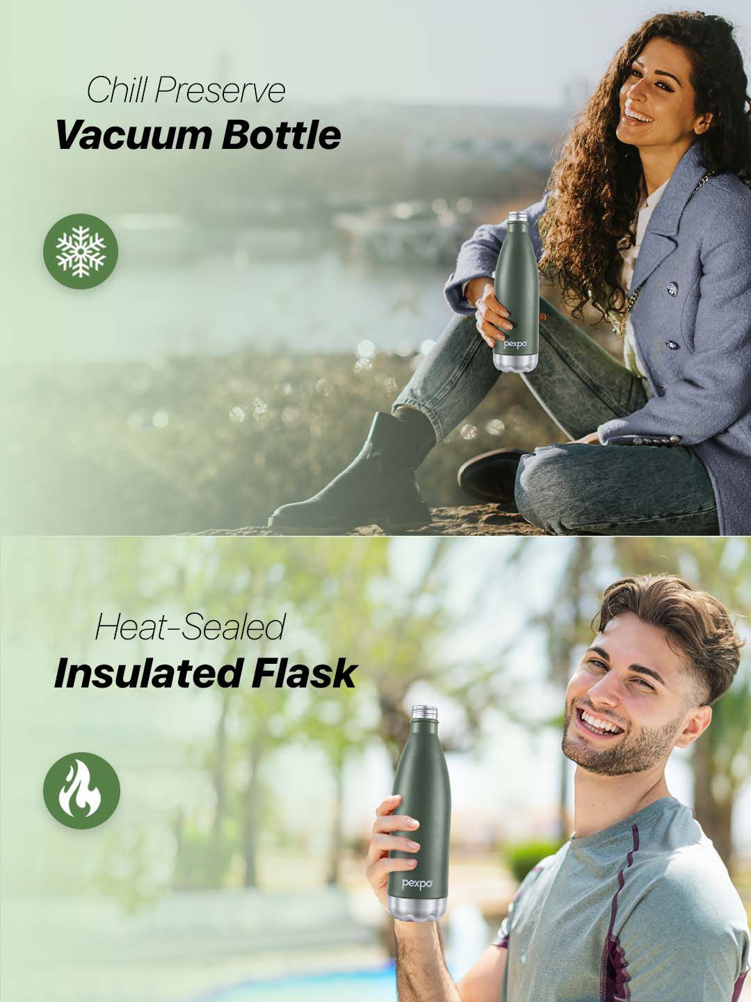 Pexpo ELECTRO ISI Certified Thermosteel 1L 24 Hrs Hot & Cold Green Water Bottle 1000ml