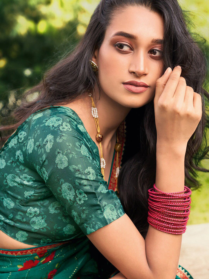 Saree mall Sea Green Red Floral Poly Chiffon Sarees