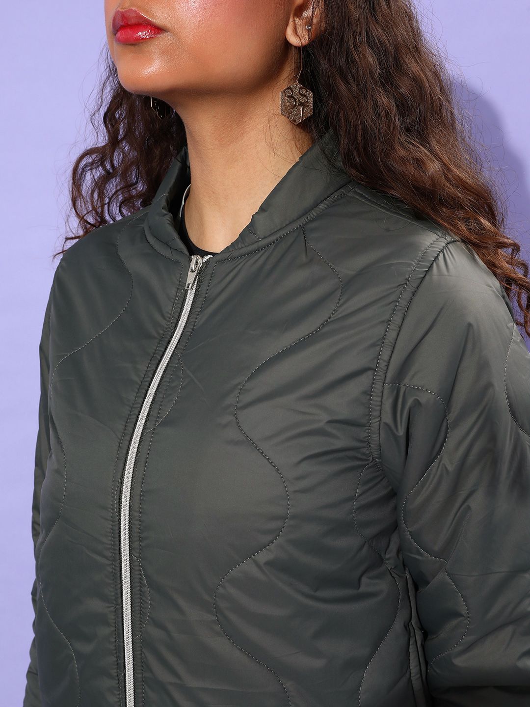 DressBerry Women Olive Green Solid Padded Jacket