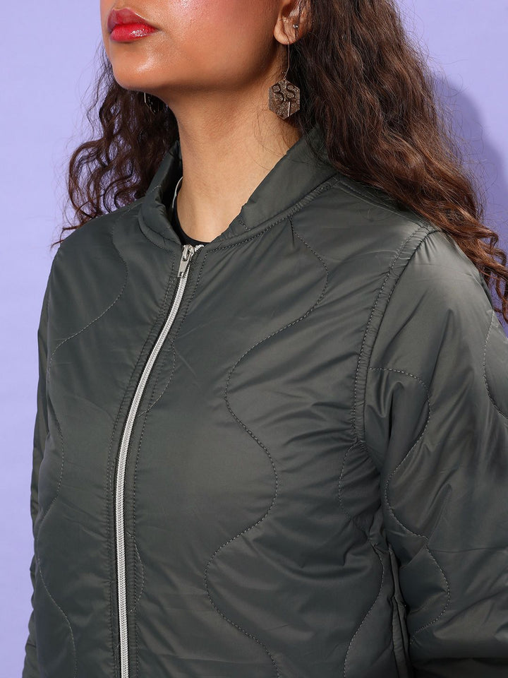 DressBerry Women Olive Green Solid Padded Jacket
