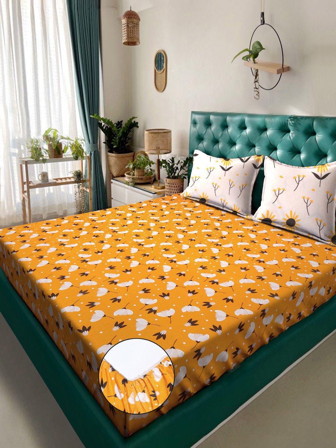 Myntra Elegant Homes Yellow & White Printed 300 TC King Bedsheet Set 2.50 m x 2.25 m