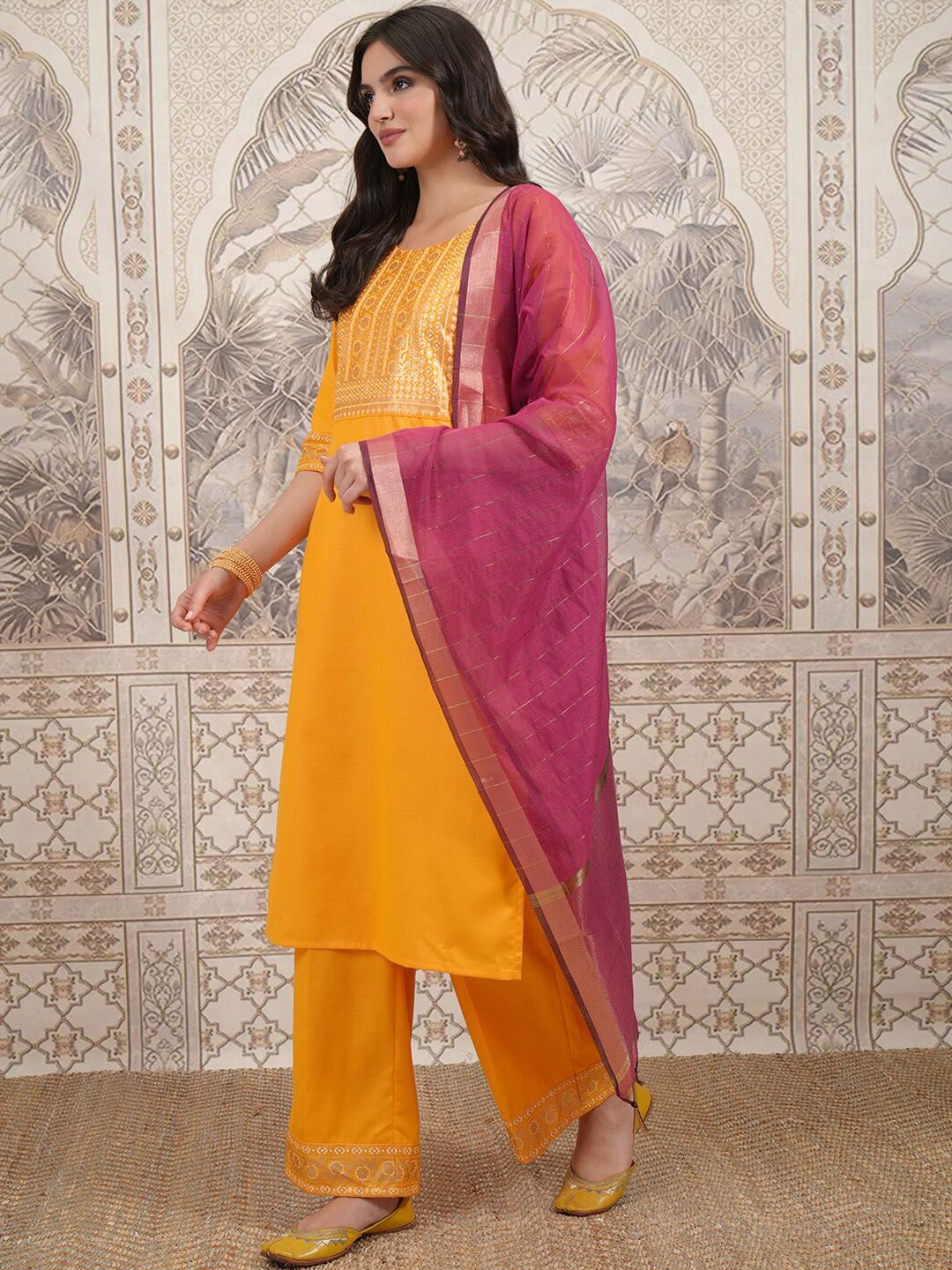 Vishudh Floral Yoke Design Straight Kurta with Palazzos & With Dupatta