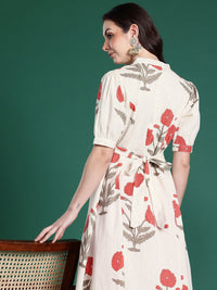 Indo Era Floral Printed Puff Sleeves Pure Cotton Kurta
