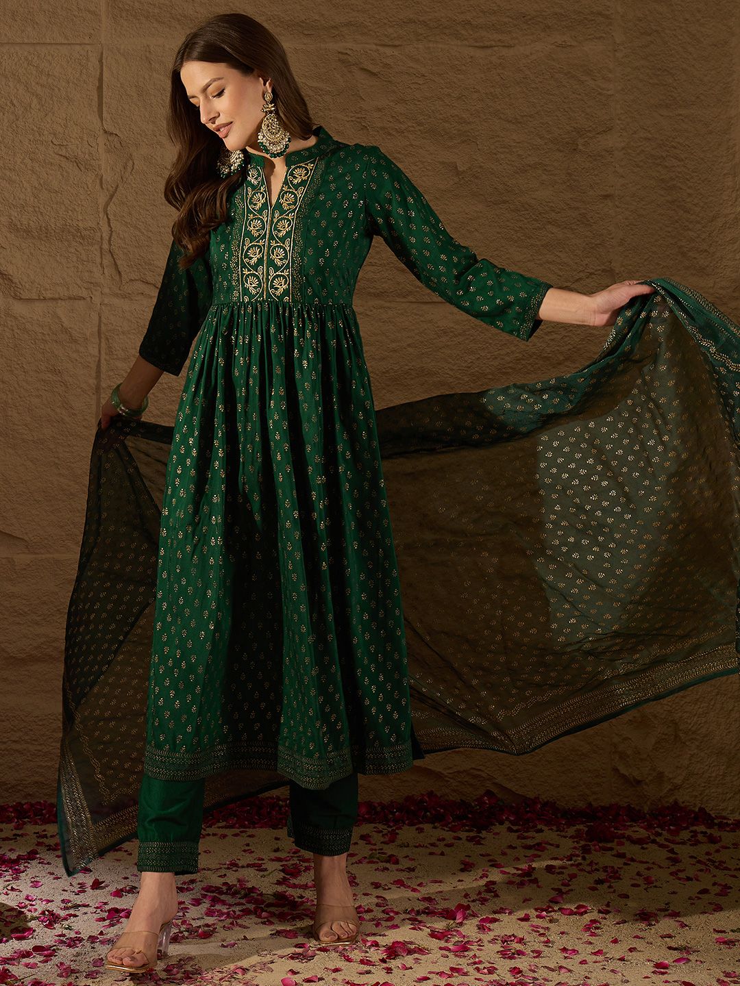 KALINI Floral Embroidered Empire Thread Work Kurta with Trousers & With Dupatta