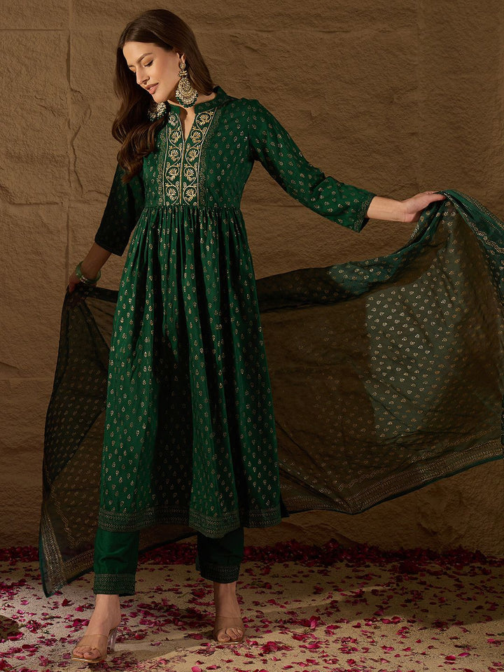 KALINI Floral Embroidered Empire Thread Work Kurta with Trousers & With Dupatta