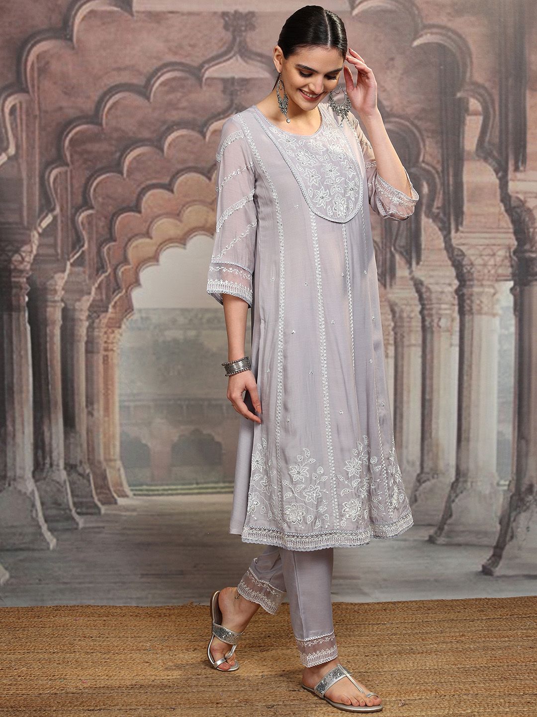 Vishudh Floral Embroidered Regular Kurta with Trouser & Dupatta