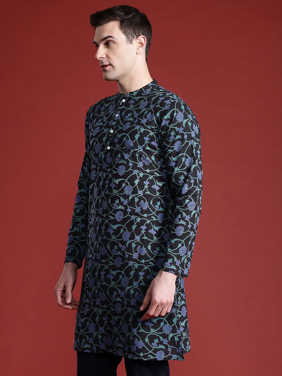 Anouk Men FloralPrinted Mandarin Collar Pure Cotton Kurta