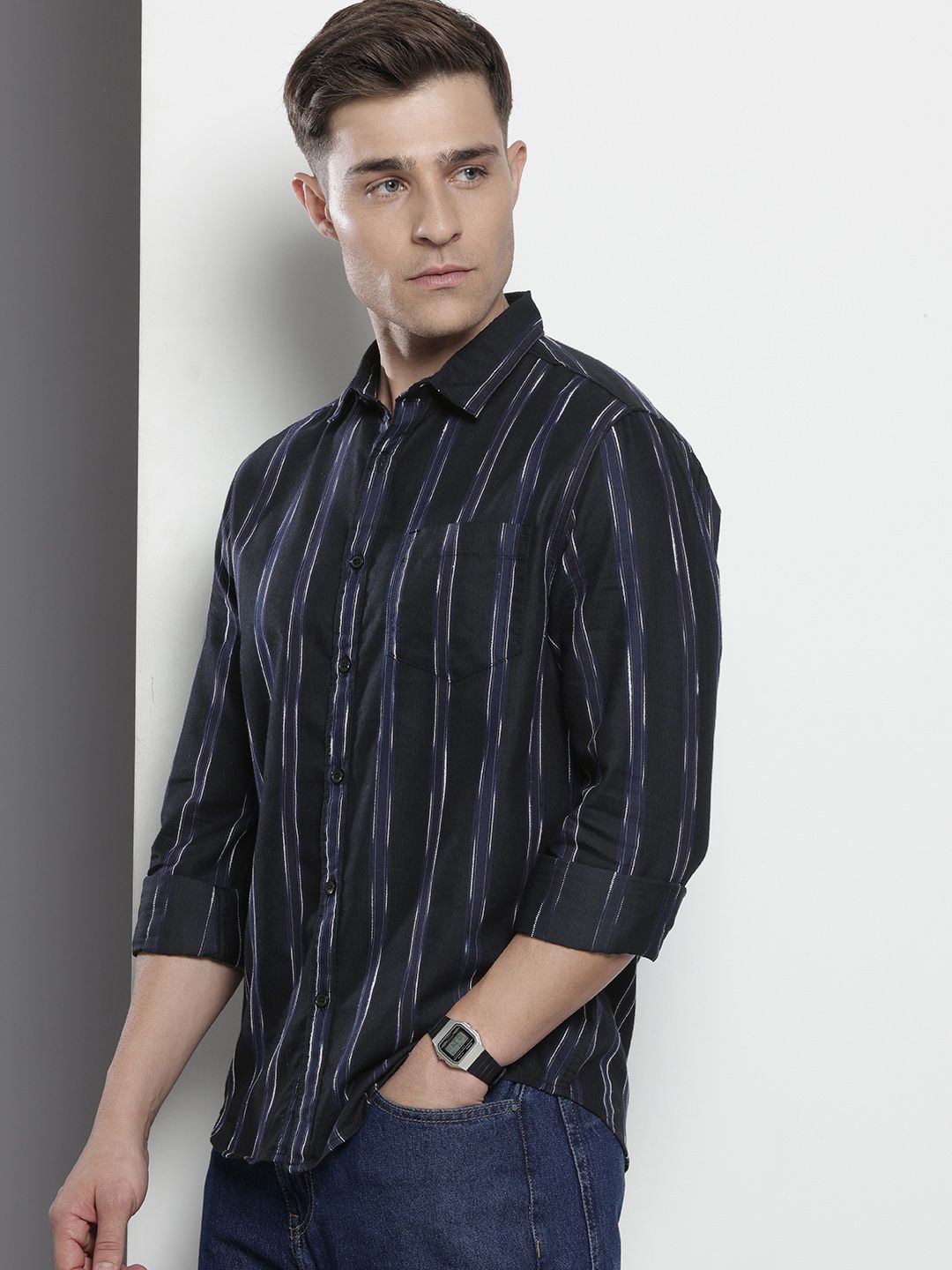 The Indian Garage Co Men Purple Slim Fit Striped Dobby Casual Shirt