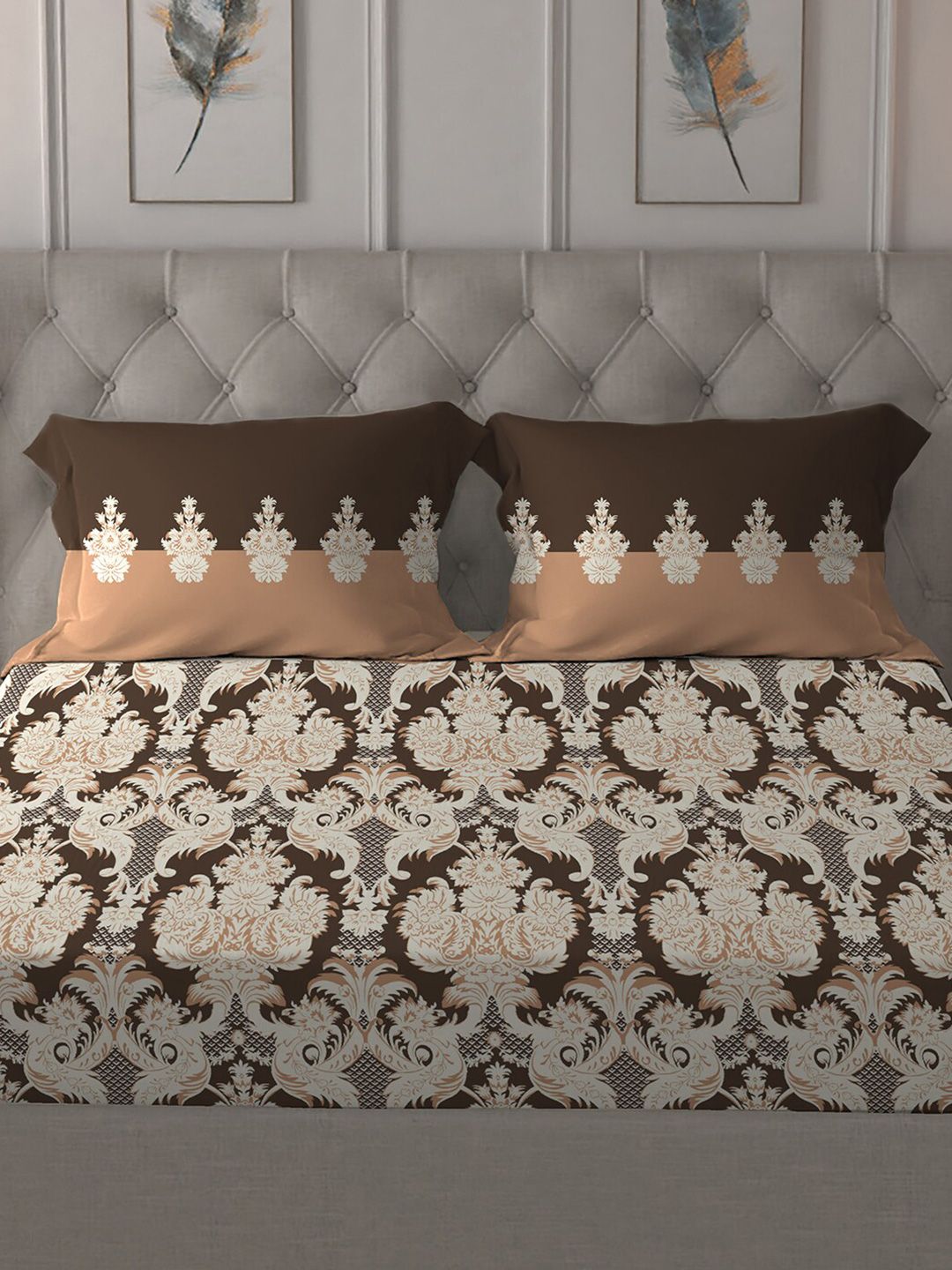 MYTRIDENT Brown  White Ethnic Motifs Cotton 144 TC Queen Bedsheet With 2 Pillow Covers