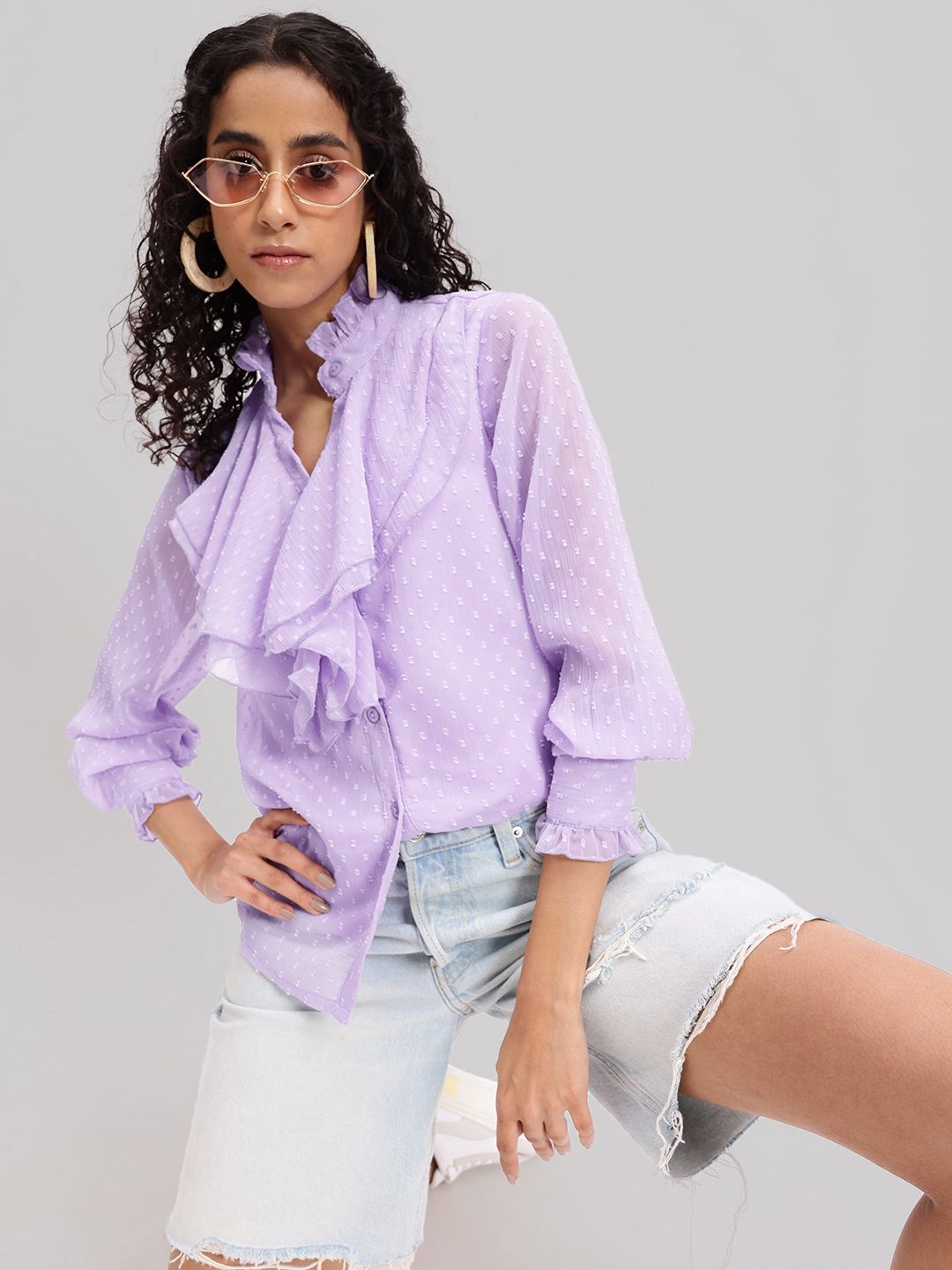 DressBerry Dobby Texture Flounced Cuffed Sleeve Shirt Style Top