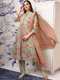 Vishudh Green Floral Printed Mirror Work Pure Cotton Kurta With Trousers & Dupatta