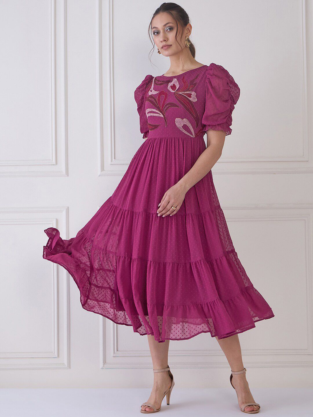 Antheaa Embroidered Round Neck Puff Sleeve Fit & Flare Midi Dress