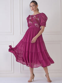 Antheaa Embroidered Round Neck Puff Sleeve Fit & Flare Midi Dress