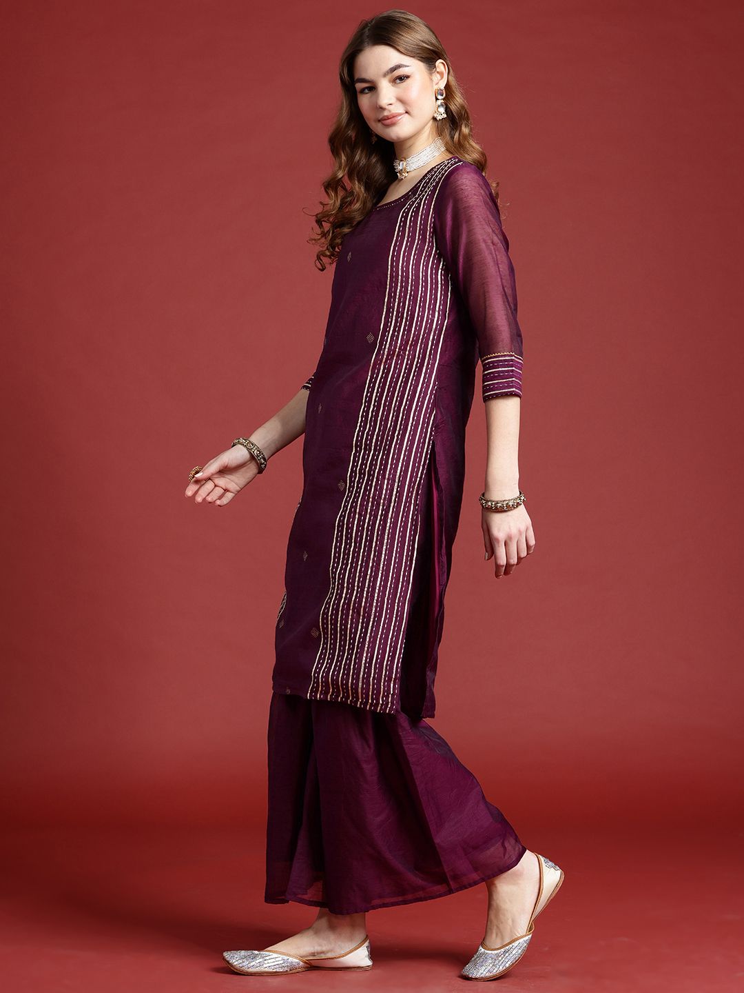 Anouk Striped Regular Kurta with Palazzos & With Dupatta