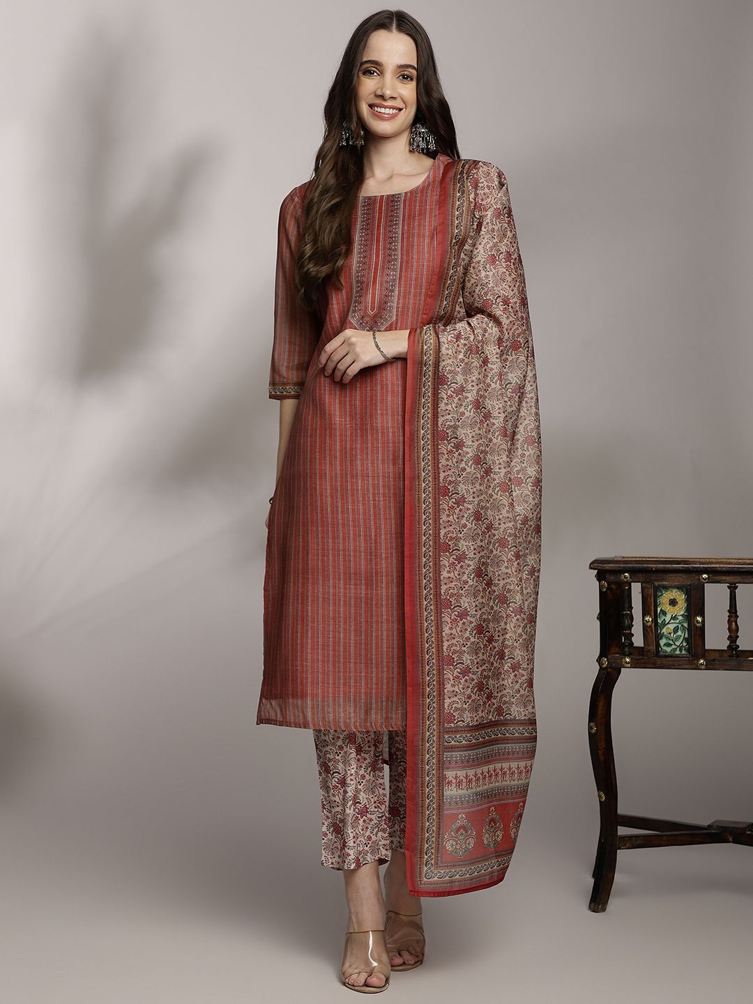 Anouk Women Striped Regular Kurta with Trousers & With Dupatta