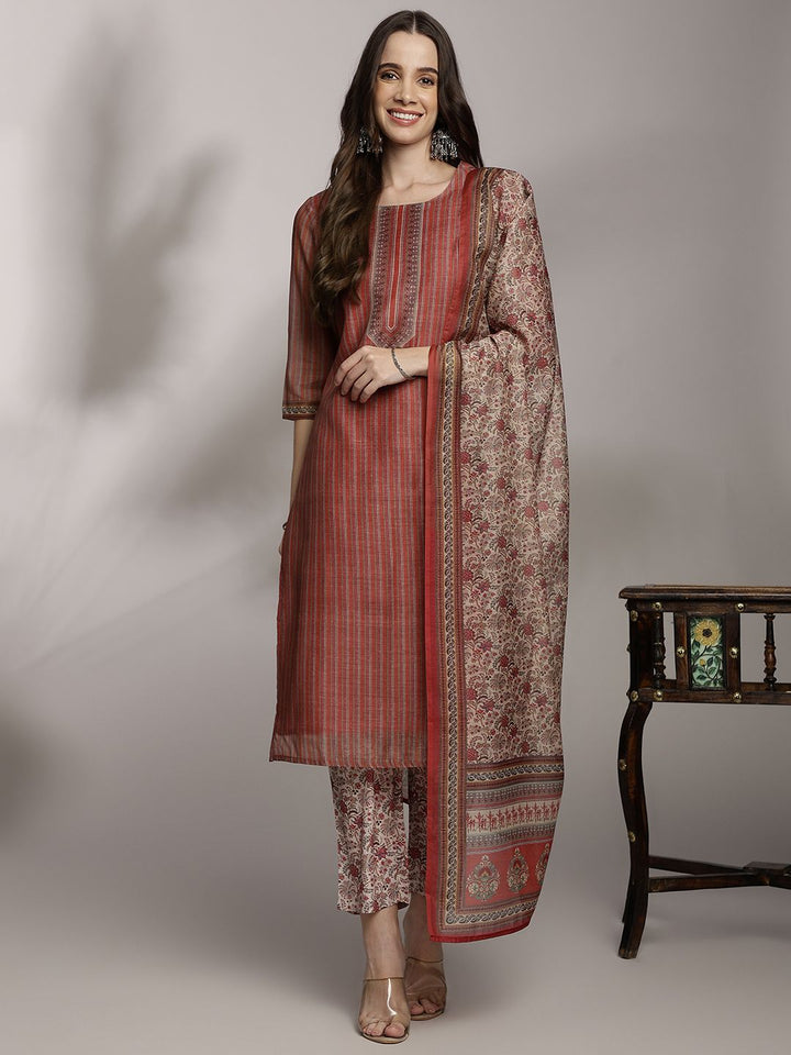 Anouk Women Striped Regular Kurta with Trousers & With Dupatta