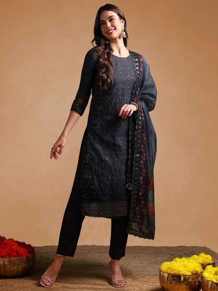 KALINI Floral Embroidered Sequinned Organza Straight Kurta With Trousers & Dupatta