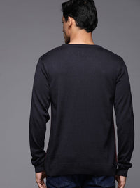 Raymond Men Maroon & Navy Blue Striped Woolen Pullover