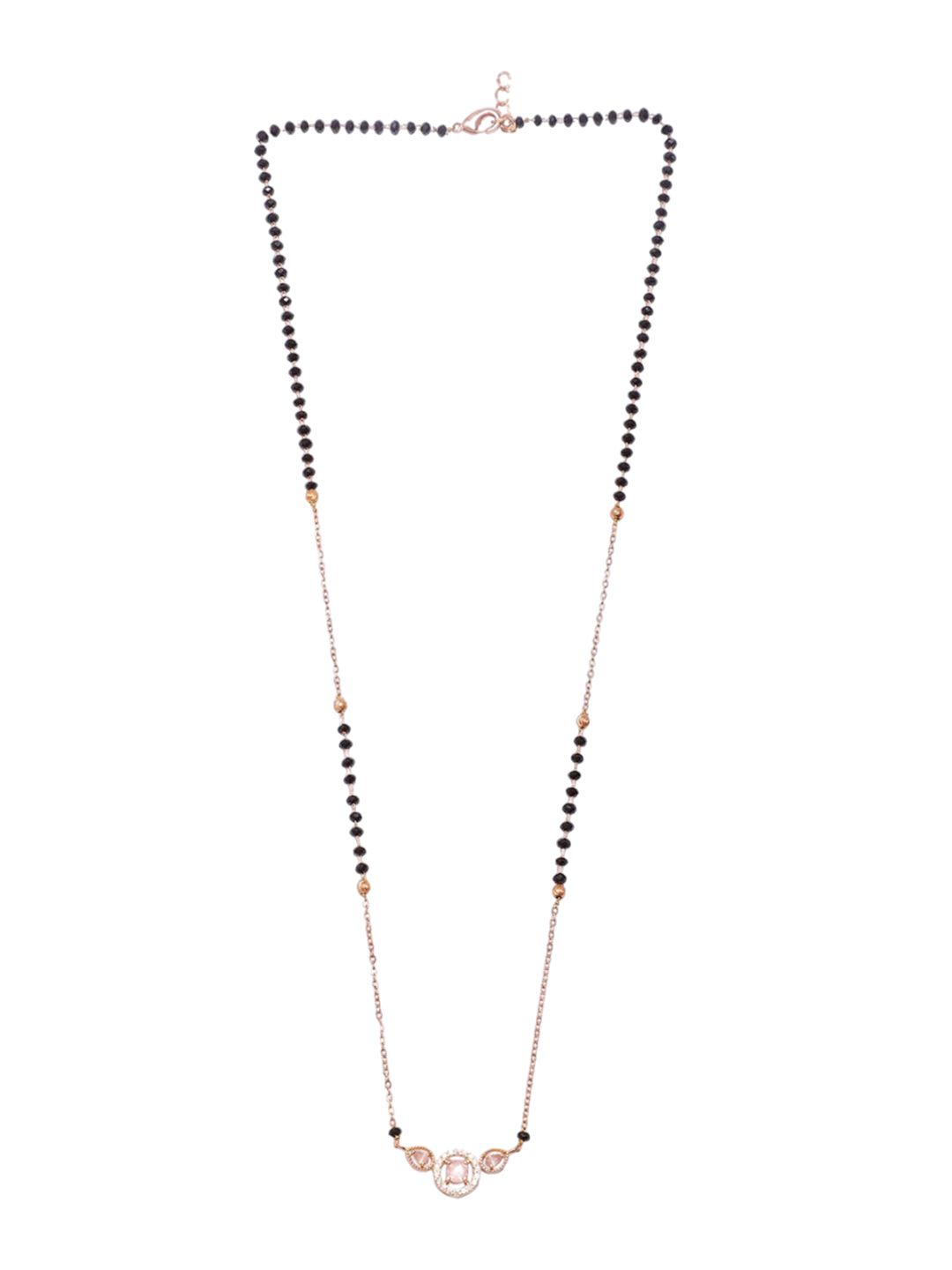 Rubans 18K Rose Gold-Plated Pink AD & Cubic Zirconia Studded Black Beaded Mangalsutra