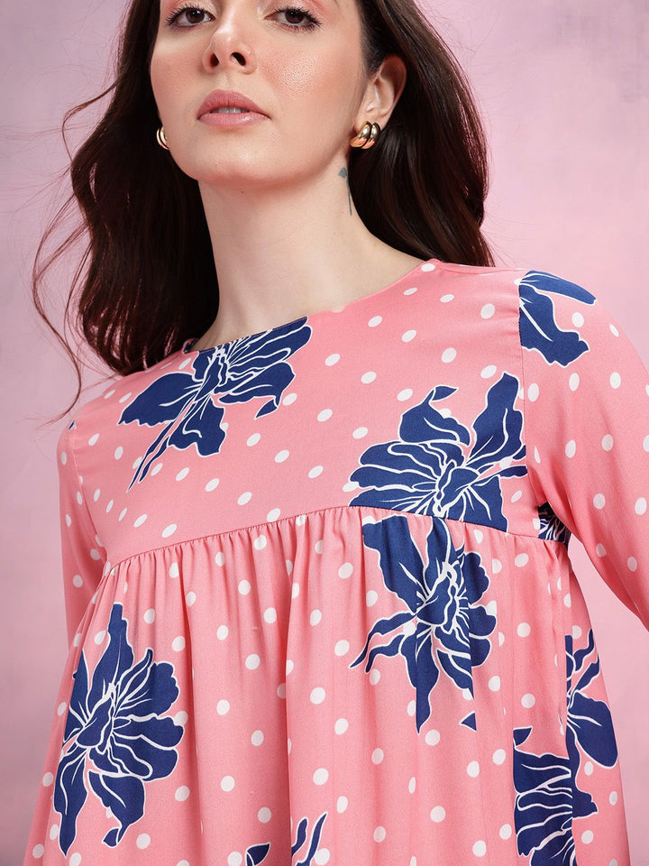 DressBerry Floral Print Boat Neck Gathered Detail Empire Top