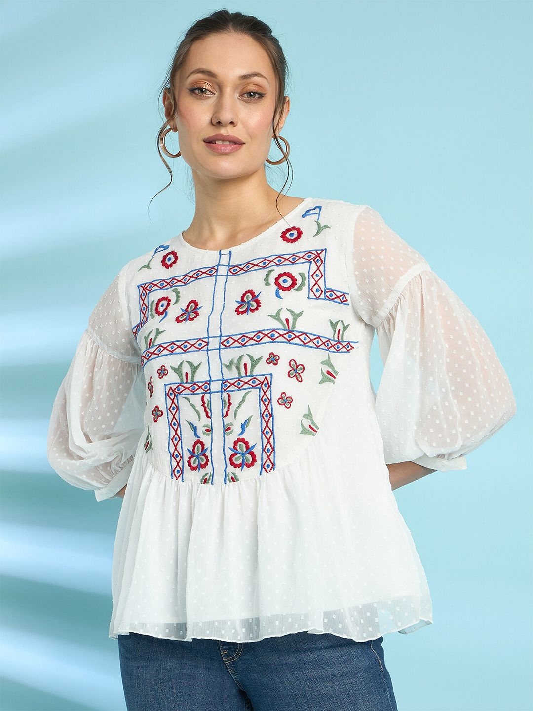 Antheaa Embroidered Chiffon Top