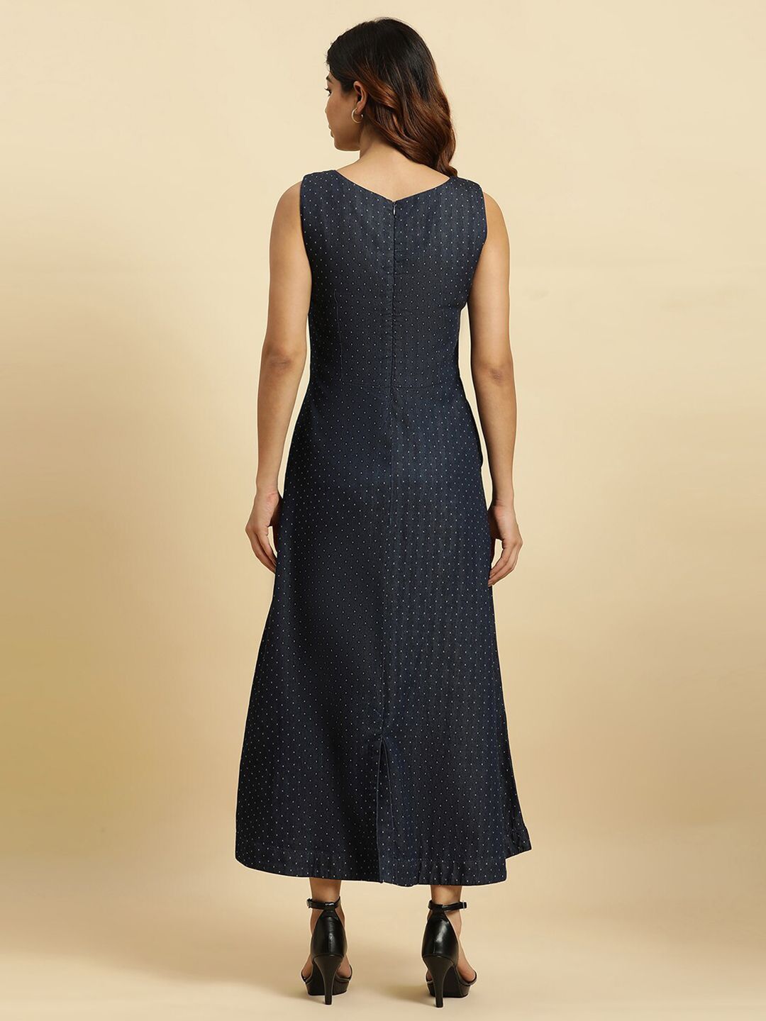 W Polka Dots Printed Sleeveless Cotton A-Line Dress