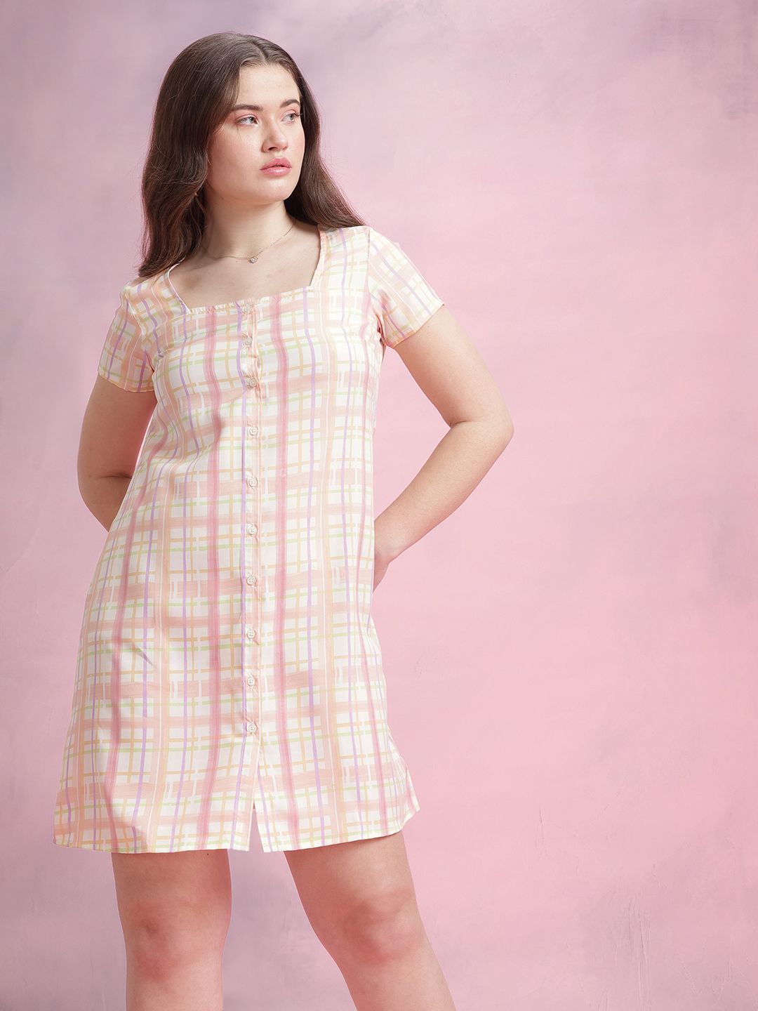 DressBerry Checked Tie-Up Neck Shirt Dress