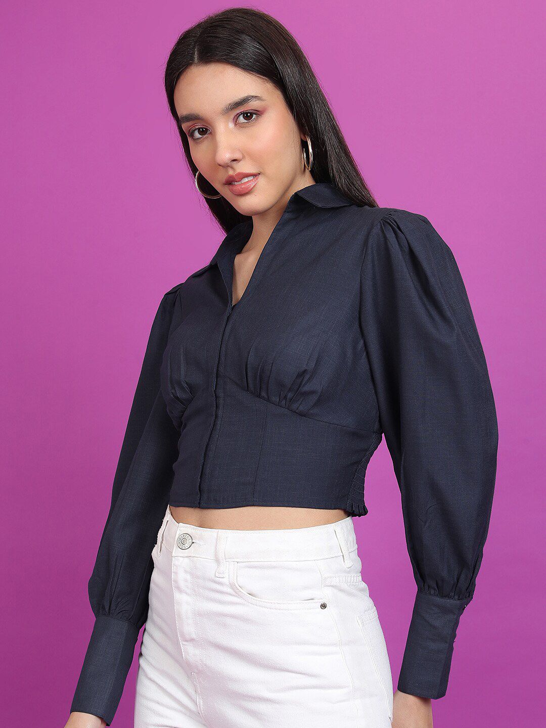 Tokyo Talkies Navy Blue Cuffed Sleeves Shirt Style Crop Top