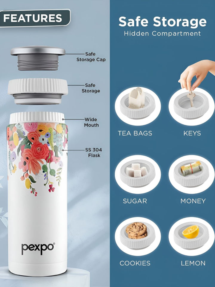 Pexpo White & Red Floral Printed Stainless Steel Double Wall Vacuum Water Bottle 500ML